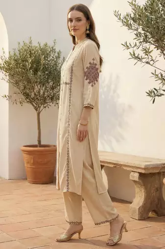 Beige rayon straight kurta with palazzos