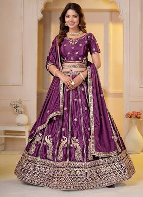 WINE CHINON SILK PARTY WEAR EMBROIDERY LEHENGA CHOLI  1