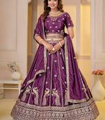 WINE CHINON SILK PARTY WEAR EMBROIDERY LEHENGA CHOLI 