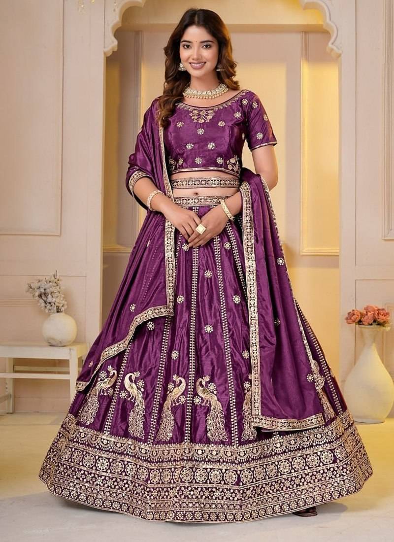 WINE CHINON SILK PARTY WEAR EMBROIDERY LEHENGA CHOLI 