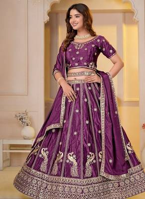 WINE CHINON SILK PARTY WEAR EMBROIDERY LEHENGA CHOLI  2