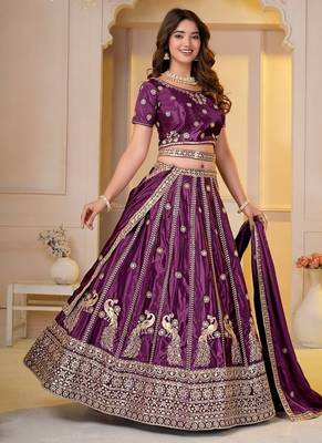 WINE CHINON SILK PARTY WEAR EMBROIDERY LEHENGA CHOLI  3