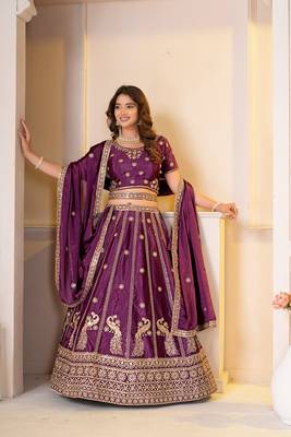 WINE CHINON SILK PARTY WEAR EMBROIDERY LEHENGA CHOLI  4
