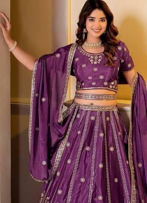 WINE CHINON SILK PARTY WEAR EMBROIDERY LEHENGA CHOLI  5