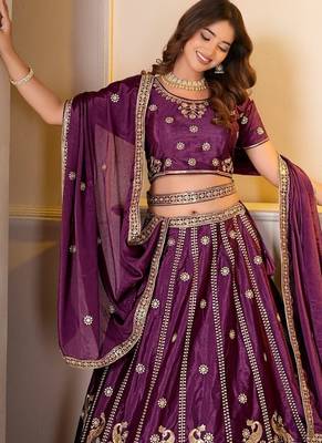 WINE CHINON SILK PARTY WEAR EMBROIDERY LEHENGA CHOLI  6