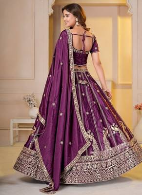 WINE CHINON SILK PARTY WEAR EMBROIDERY LEHENGA CHOLI  7
