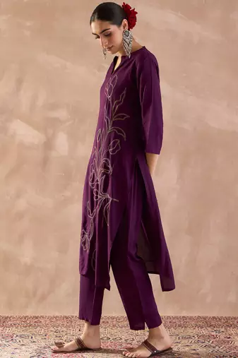 Purple rayon straight kurta with trousers