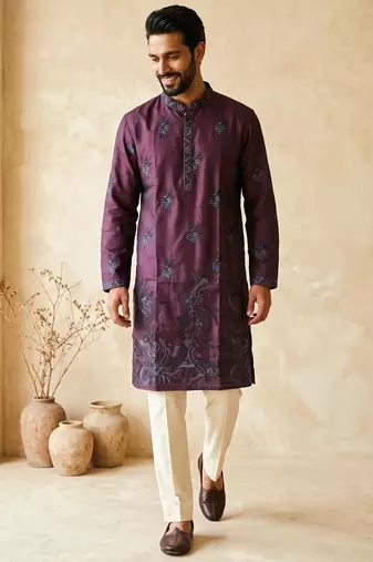 Premium wine designer ethnic collection –  silk kurta pajama sets with luxurious detailing