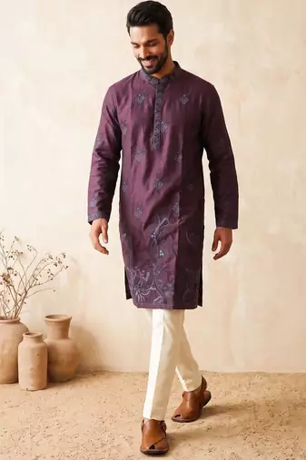 Premium wine designer ethnic collection –  silk kurta pajama sets with luxurious detailing