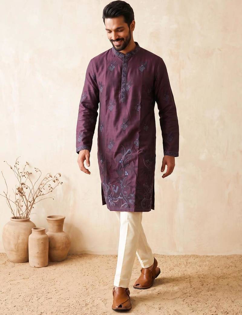 Premium wine designer ethnic collection –  silk kurta pajama sets with luxurious detailing