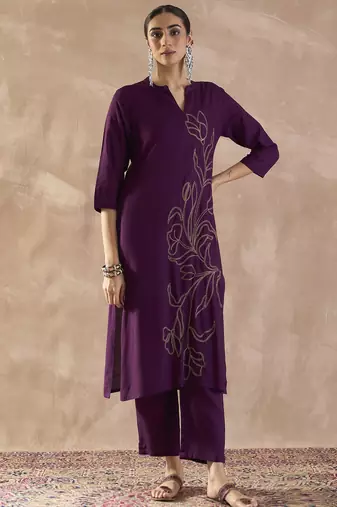 Purple rayon straight kurta with trousers