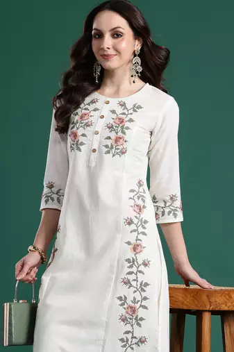 White cotton straight kurta with trousers