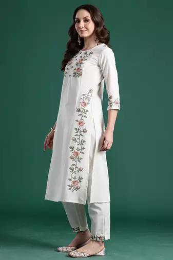 White cotton straight kurta with trousers