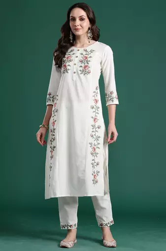 White cotton straight kurta with trousers