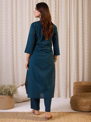 Blue cotton straight kurta with trousers 2