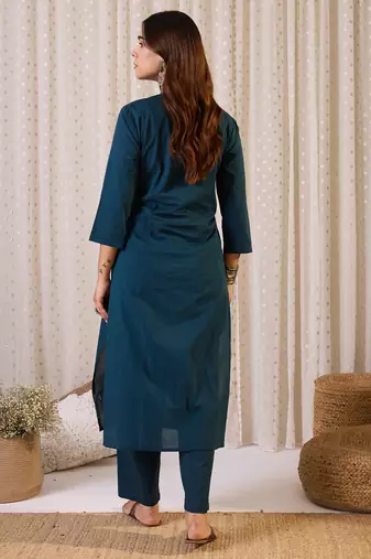 Blue cotton straight kurta with trousers