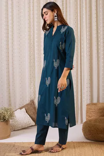 Blue cotton straight kurta with trousers