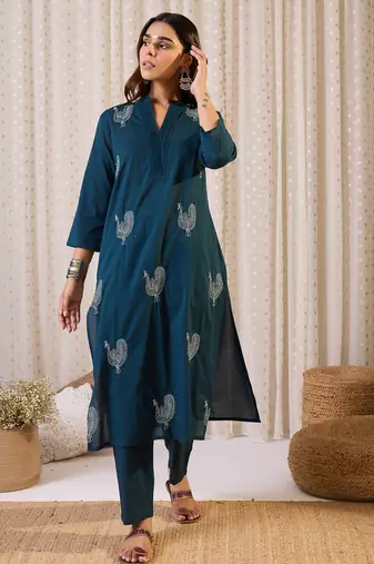 Blue cotton straight kurta with trousers