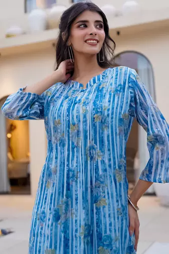 Blue cotton a-line kurta with trousers