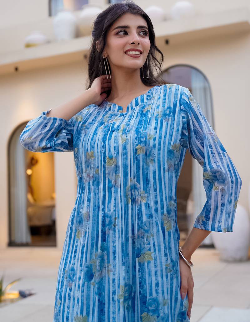 Blue cotton a-line kurta with trousers