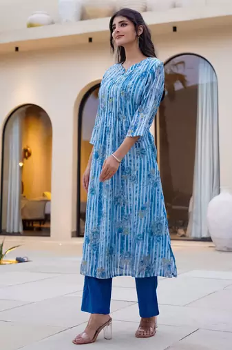 Blue cotton a-line kurta with trousers