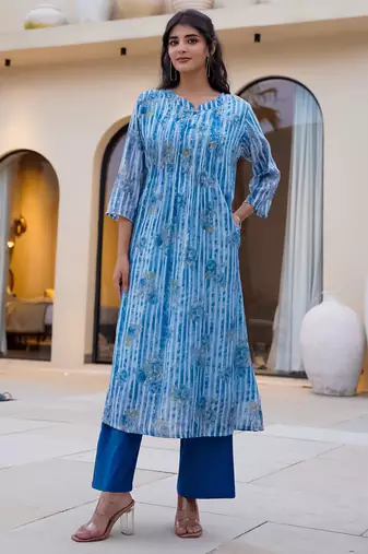 Blue cotton a-line kurta with trousers