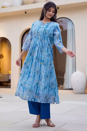 Blue cotton a-line kurta with trousers