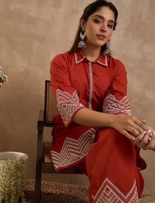 Rust cotton a-line kurta with palazzos 1