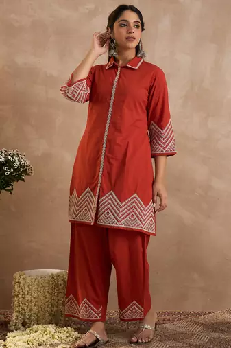 Rust cotton a-line kurta with palazzos