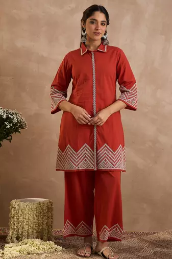 Rust cotton a-line kurta with palazzos
