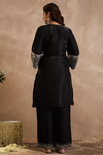 Black silk-blend straight kurta with palazzos