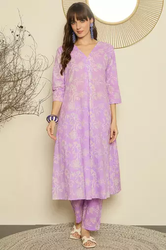 Lavender cotton a-line kurta with trousers