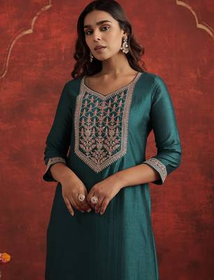 Teal liva straight kurta with trousers 1