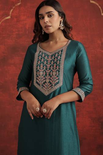 Teal liva straight kurta with trousers