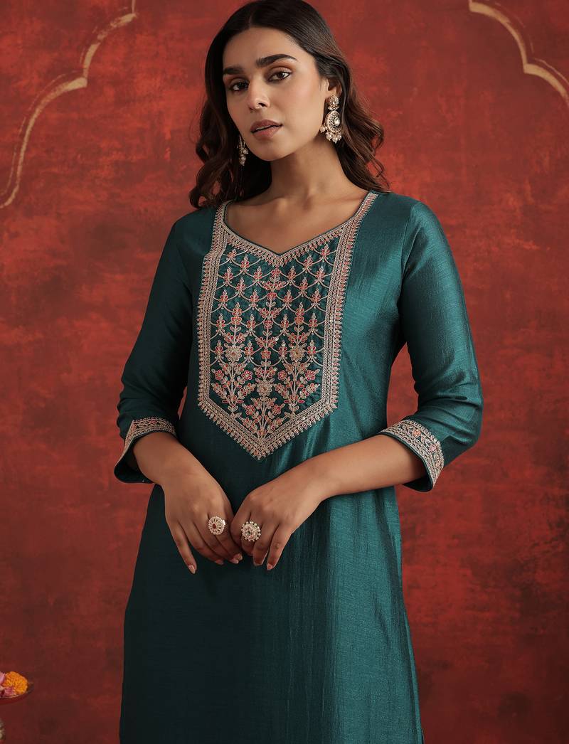 Teal liva straight kurta with trousers