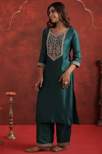 Teal liva straight kurta with trousers