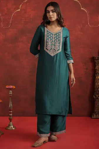 Teal liva straight kurta with trousers