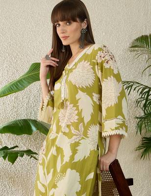 Green cotton straight kurta with palazzos 1