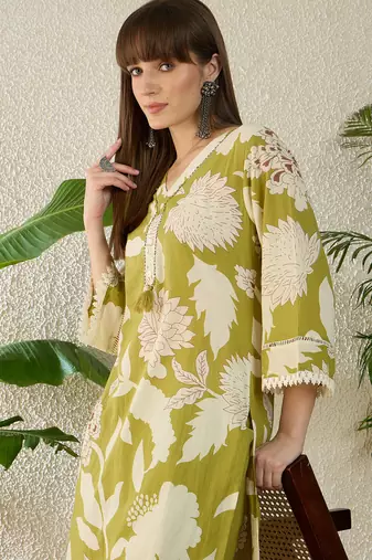 Green cotton straight kurta with palazzos