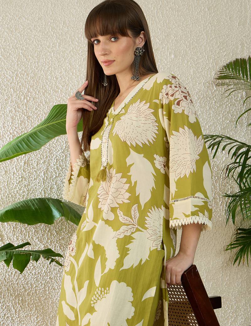 Green cotton straight kurta with palazzos