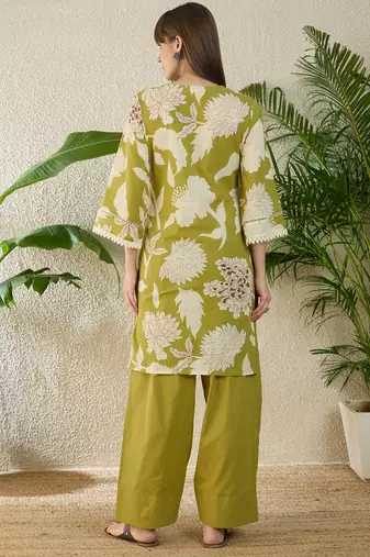 Green cotton straight kurta with palazzos