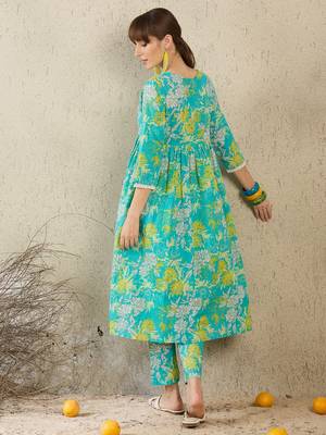 Sea green cotton a-line kurta with trousers 2
