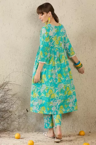 Sea green cotton a-line kurta with trousers