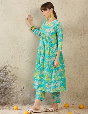 Sea green cotton a-line kurta with trousers 3
