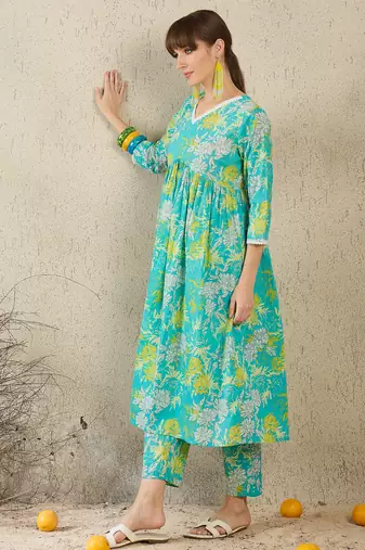 Sea green cotton a-line kurta with trousers