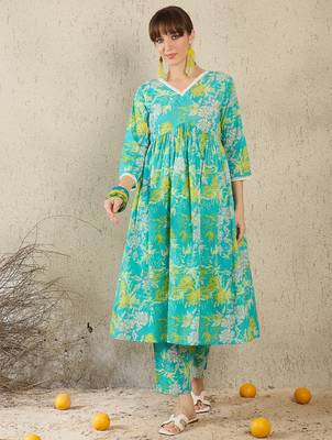 Sea green cotton a-line kurta with trousers 4