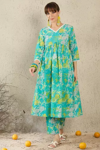 Sea green cotton a-line kurta with trousers