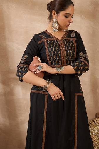 Black cotton a-line kurta with trousers