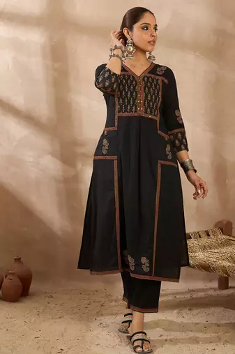 Black cotton a-line kurta with trousers