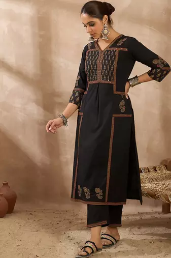 Black cotton a-line kurta with trousers